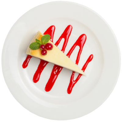 A slice of cheesecake garnished with red currants and mint leaves, served on a white plate with three diagonal lines of bright red berry sauce.