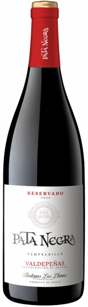 A bottle of Pata Negra Reserva 2017 Valdepeñas Tempranillo red wine with a black body, red foil top, and a white and gold label displaying the brand and wine details.